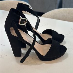 Heart in D suede black heels, angle strap.  New w/o tags/box. Women’s size 7.5.